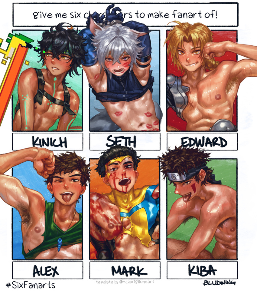 6+boys adam's_apple alex_(stardew_valley) animal_ears armpit_hair armpits arms_up artist_name automail black_eyes black_hair blonde_hair blood blood_on_chest blood_on_face bludwing blush bodysuit border brown_hair cat_boy cat_ears character_name chest_strap clothes_lift collarbone commentary crossover curtained_hair dark-skinned_male dark_skin edward_elric embarrassed english_commentary english_text facial_mark flexing forehead_protector fullmetal_alchemist genshin_impact green_eyes green_headband green_tank_top grey_hair hair_between_eyes hashtag headband highres inuzuka_kiba invincible_(series) jaw_drop jewelry kinich_(genshin_impact) konohagakure_shinobi_uniform leg_hair lipstick_mark lipstick_mark_on_arm lipstick_mark_on_face lipstick_mark_on_stomach long_hair looking_at_viewer looking_to_the_side male_focus male_pubic_hair mark_grayson multiple_boys multiple_crossover multiple_drawing_challenge naruto_(series) necklace nipples nude one_eye_closed open_mouth outside_border pectorals pubic_hair saliva scar scar_on_chest seth_lowell shirt_lift short_hair six_fanarts_challenge stardew_valley superhero_costume sweat tank_top teeth tongue tongue_out too_many_lipstick_marks upper_body upper_teeth_only white_border yellow_eyes zenless_zone_zero