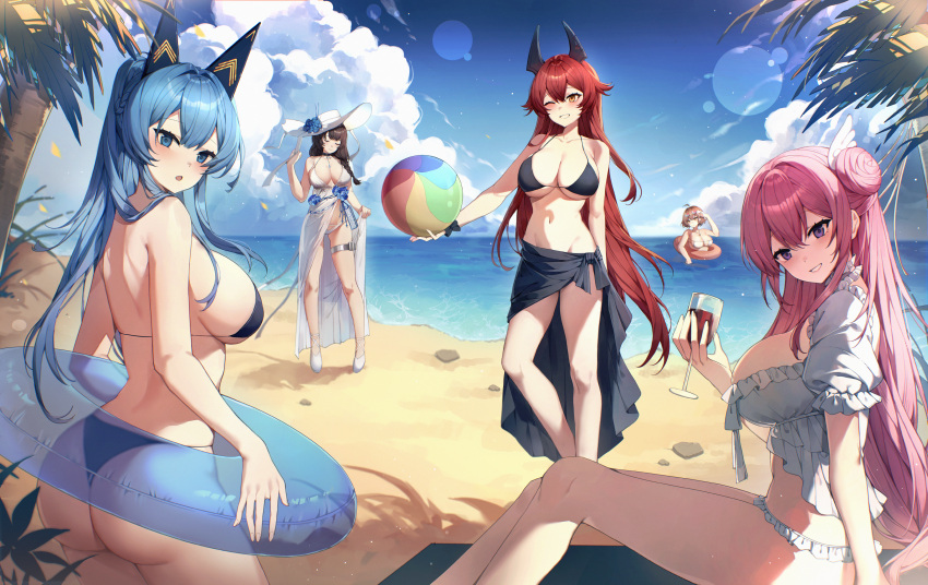 5girls ;) absurdres anis_(nikke) anis_(sparkling_summer)_(nikke) ass ball beach beachball bikini black_bikini black_hair black_sarong blue_eyes blue_hair blue_innertube blue_sky breasts brown_hair closed_eyes cloud commentary_request cup dorothy_(nikke) dorothy_(serendipity)_(nikke) drinking_glass eyepatch_bikini goddess_of_victory:_nikke hair_bun hat helm_(nikke) highres holding holding_ball holding_beachball holding_cup horns huge_breasts large_breasts long_hair mary_(bay_goddess)_(nikke) mary_(nikke) mechanical_horns multiple_girls ocean official_alternate_costume one_eye_closed outdoors pink_hair ponytail purple_eyes red_hair red_hood_(nikke) red_wings sarong short_hair sideboob single_side_bun sky smile sun_hat swimsuit uchihasakino very_long_hair white_bikini white_hat wine_glass wings yellow_eyes
