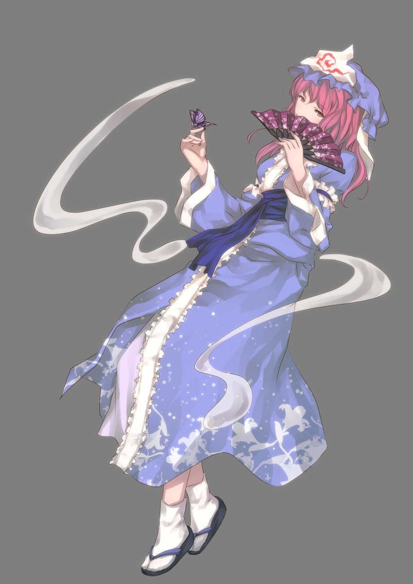 ayasaka bad_id bad_pixiv_id bug butterfly butterfly_on_hand covering_mouth fan folding_fan ghost highres insect pink_eyes pink_hair saigyouji_yuyuko sandals short_hair simple_background solo touhou