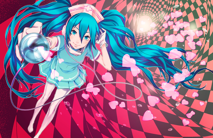 aqua_eyes aqua_hair checkered checkered_background gloves hat hatsune_miku headphones heart legs long_hair nurse nurse_cap rem_(artist) smile solo stethoscope twintails very_long_hair vocaloid