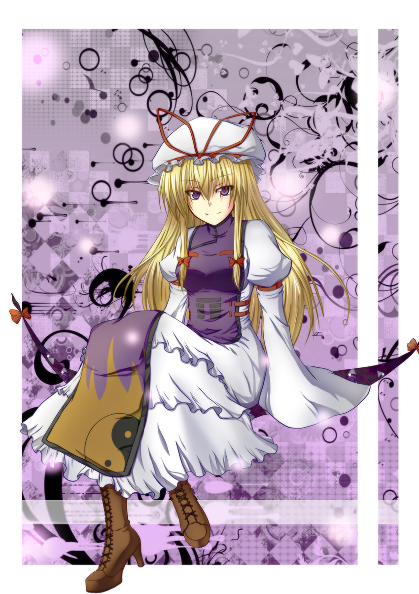 bad_id bad_pixiv_id blonde_hair boots dress eyes gap hat hat_ribbon high_heels highres long_hair oukawa_yuu purple_eyes ribbon shoes sitting smile solo touhou wide_sleeves yakumo_yukari yin_yang