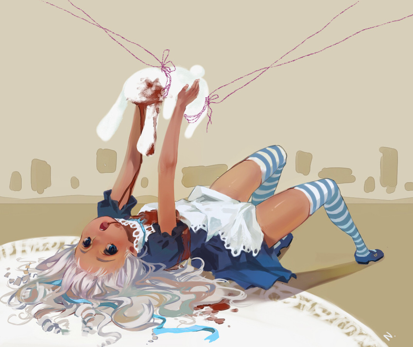 alice_(wonderland) alice_in_wonderland apron bad_id bad_pixiv_id blood blood_on_face blood_stain blue_eyes bunny dark_skin liyin_(neptune) lying open_mouth silver_hair simple_background solo striped striped_legwear thighhighs white_rabbit