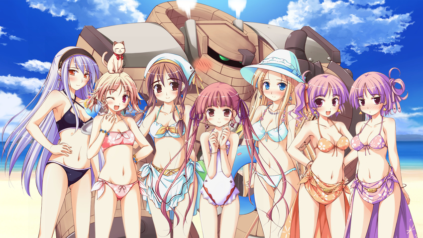 agnes_boulange beach bikini blonde_hair blue_eyes blush bow bracelet breasts brown_eyes brown_hair carina_verritti chelsea_arcot cleavage cloud day earrings flat_chest flower front-tie_top golem_(shukufuku_no_campanella) hair_bow hair_ornament hairband hat highres jewelry ko~cha long_hair medium_breasts minette multiple_girls necklace nina_lindberg ocean one-piece_swimsuit open_mouth orange_eyes orange_sarong outdoors pink_eyes pink_hair purple_hair purple_sarong red_eyes ribbon ritos_tortilla salsa_tortilla sarong short_hair shukufuku_no_campanella side-tie_bikini sky small_breasts smile source_request standing swimsuit tango_(shukufuku_no_campanella) twintails very_long_hair wallpaper water white_sarong