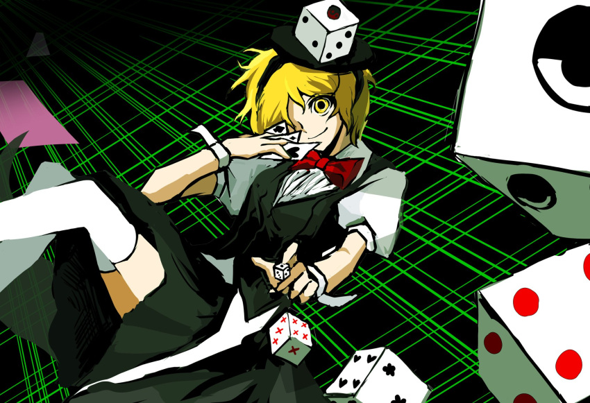 1other ace_(playing_card) ace_of_hearts ace_of_spades androgynous black_background black_hairband black_skirt black_vest blonde_hair bow bowtie buttons card closed_mouth coattails collar commentary dice dice_hair_ornament dress_shirt eye_of_senri feet_out_of_frame grid_background hair_ornament hairband happy heart highres holding holding_card len'en looking_at_viewer miniskirt one_eye_covered other_focus otogisum3 playing_card pleated_skirt puffy_short_sleeves puffy_sleeves red_bow red_bowtie shirt short_hair short_sleeves skirt smile solo spade_(shape) symbol-only_commentary thighhighs throwing traditional_bowtie vest white_shirt white_thighhighs white_wrist_cuffs wrist_cuffs xeno_a yellow_eyes