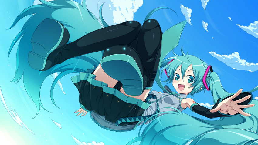 bare_shoulders blue_eyes clouds detached_sleves falling feet hand hatsune_miku long_hair open_mouth sky tie twin_tails vocaloid