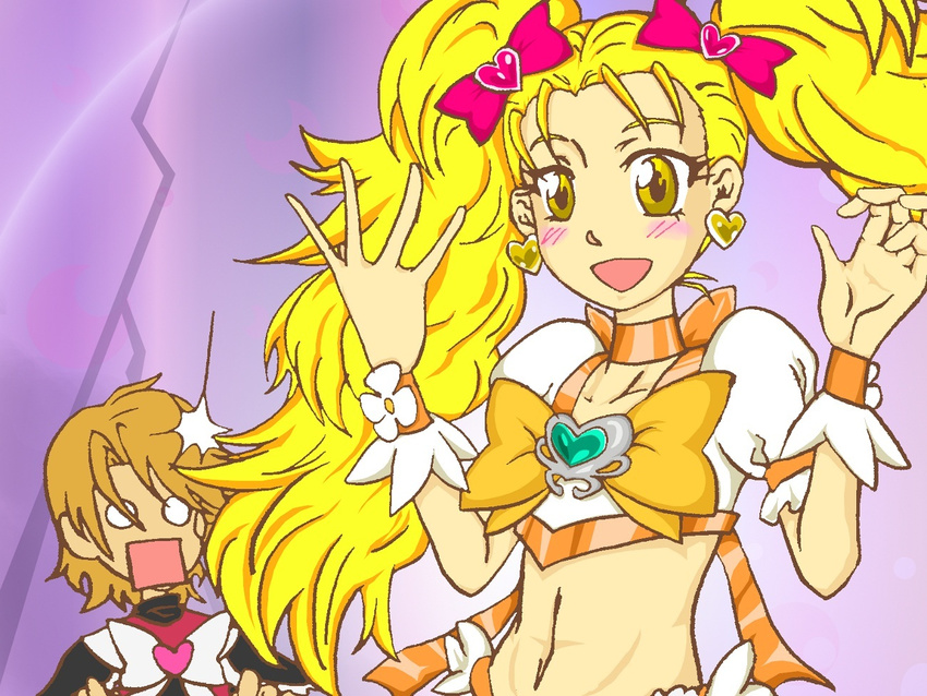 blonde_hair cosplay cure_black cure_sunshine cure_sunshine_(cosplay) futari_wa_precure futari_wa_precure_max_heart heartcatch_precure! kujou_hikari magical_girl midriff misumi_nagisa multiple_girls precure shiny_luminous