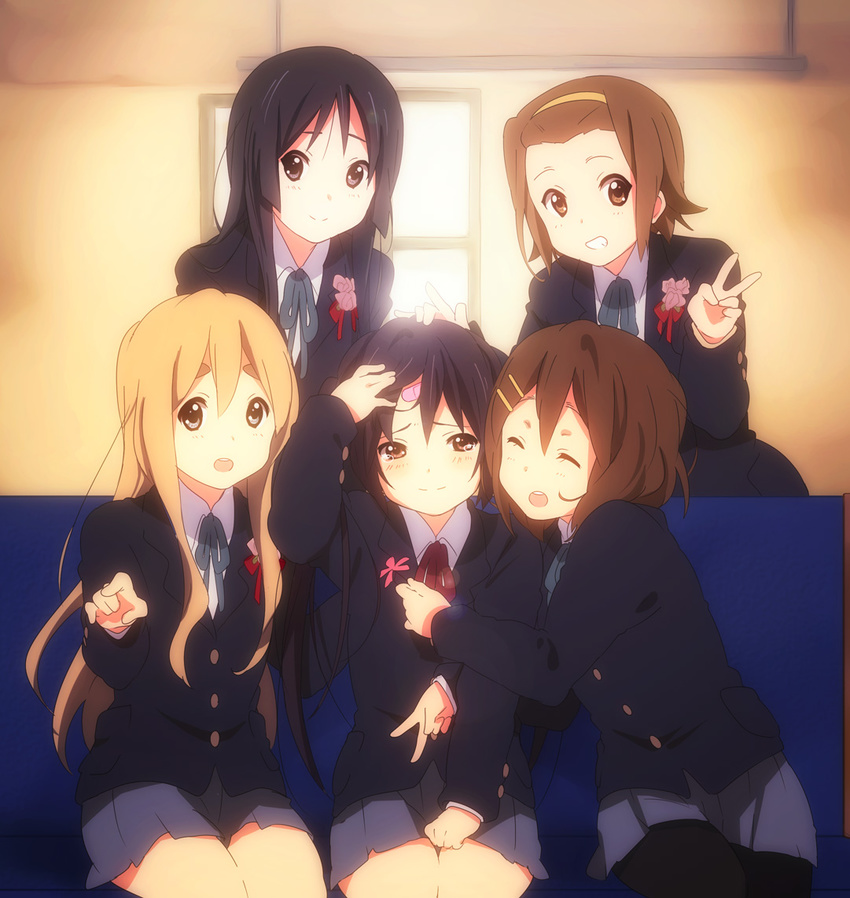 :d akiyama_mio bad_id bad_pixiv_id bandaid bandaid_on_forehead black_eyes black_hair blazer blonde_hair bloom brown_eyes brown_hair closed_eyes grin hair_ornament hairband hairclip hand_on_head hirasawa_yui hug jacket k-on! kotobuki_tsumugi long_hair multiple_girls nakano_azusa neck_ribbon official_style open_mouth ousaka_nozomi pantyhose pointing red_ribbon ribbon round_teeth school_uniform short_hair sitting smile tainaka_ritsu tears teeth twintails v