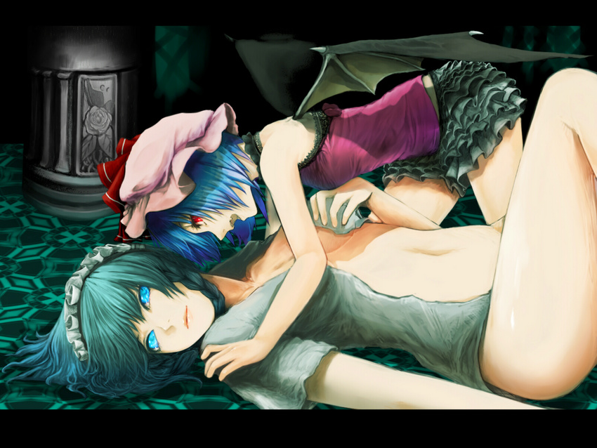 all_fours bad_id bad_pixiv_id bat_wings blue_eyes blue_hair bottomless braid frills gathers girl_on_top glowing glowing_eyes hat highres izayoi_sakuya john_marica lace letterboxed lying maid_headdress multiple_girls no_bra on_back open_clothes open_shirt red_eyes remilia_scarlet shirt short_hair silver_hair thighs touhou twin_braids wings yuri