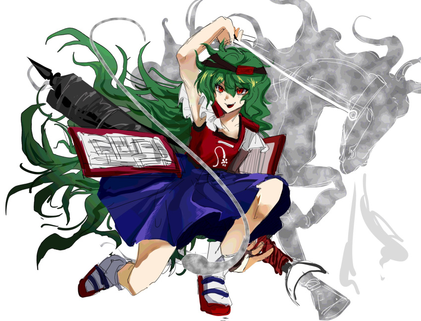 1other androgynous armor black_shirt blue_hakama breastplate brown_headband circle_skirt club_(weapon) collarbone collared_socks dot_nose epaulettes faulds fighting_stance floating_clothes floating_hair green_hair hair_between_eyes hakama hakama_short_skirt hakama_skirt happy headband highres holding holding_behind_back holding_club holding_reins holding_weapon holding_weapon_behind_back horse japanese_clothes len'en long_hair messy_hair on_one_knee open_mouth other_focus otogisum3 red_eyes red_sandals reins sandals shirt simple_background skirt sleeveless sleeveless_shirt smile socks solo tabi taira_no_fumikado tsurime v-shaped_eyebrows very_long_hair weapon white_background white_socks zouri