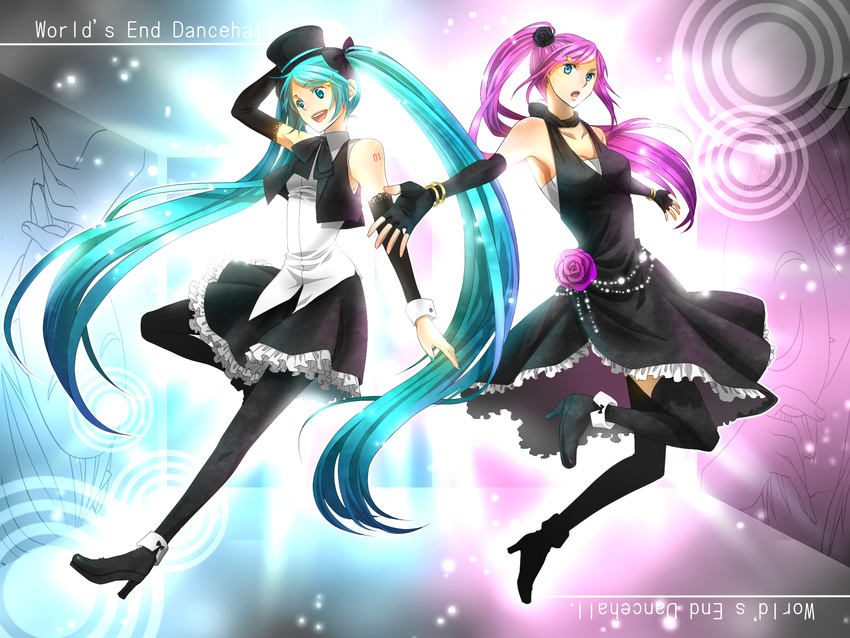 akatsuki_(kuon) aqua_eyes aqua_hair bad_id bad_pixiv_id black_dress detached_sleeves dress fingerless_gloves flower gloves hair_flower hair_ornament hair_ribbon hatsune_miku highres long_hair megurine_luka multiple_girls pink_hair purple_flower purple_rose ribbon rose shoes smile thighhighs twintails very_long_hair vocaloid world's_end_dancehall_(vocaloid)