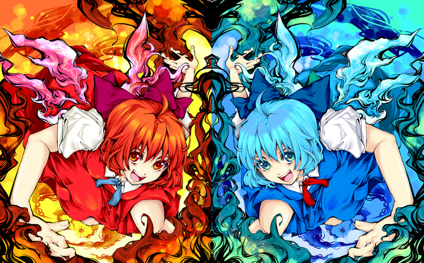 achi_cirno ahoge alternate_color alternate_element blue_dress bow cirno dress dual_persona fiery_wings fire hair_bow highres ice multiple_girls nanami_(nanami811) polar_opposites red_dress red_eyes red_hair ribbon short_hair symmetry touhou wings