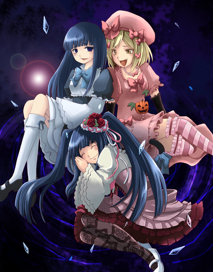 bangs beret blonde_hair blue_eyes blue_hair blunt_bangs bow cat_tail closed_eyes crystal dress fangs flower frederica_bernkastel frills furudo_erika hair_bow hair_flower hair_ornament hairclip hat highres jewelry kneehighs lambdadelta lolita_fashion long_hair looking_at_another multiple_girls necklace open_mouth pantyhose pink_dress pink_hat pumpkin red_flower red_rose riko_(runrunrabbit) rose short_hair skirt smile striped striped_legwear tail thighhighs twintails umineko_no_naku_koro_ni yellow_eyes yuri