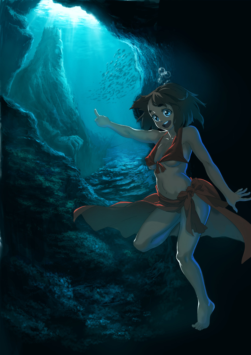 absurdres air_bubble barefoot bikini blue_eyes breasts breath brown_hair bubble cave feet fish freediving highres holding_breath medium_breasts navel ocean original red_bikini red_sarong sao9434 sarong solo swimsuit underboob underwater water