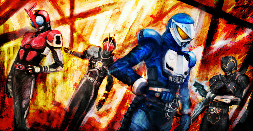 alternative_zero belt explosion highres illustica_phantom kamen_rider kamen_rider_555 kamen_rider_accel kamen_rider_faiz kamen_rider_kabuto kamen_rider_kabuto_(series) kamen_rider_ryuki_(series) kamen_rider_w multiple_boys