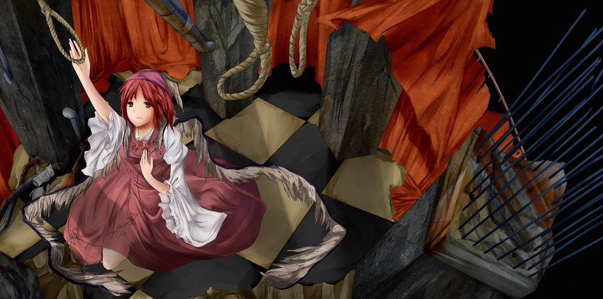 adapted_costume checkered curtains dress from_above hat highres looking_up metalwasabi mystia_lorelei noose red_eyes red_hair rope sad short_hair sitting solo touhou wide_sleeves wings