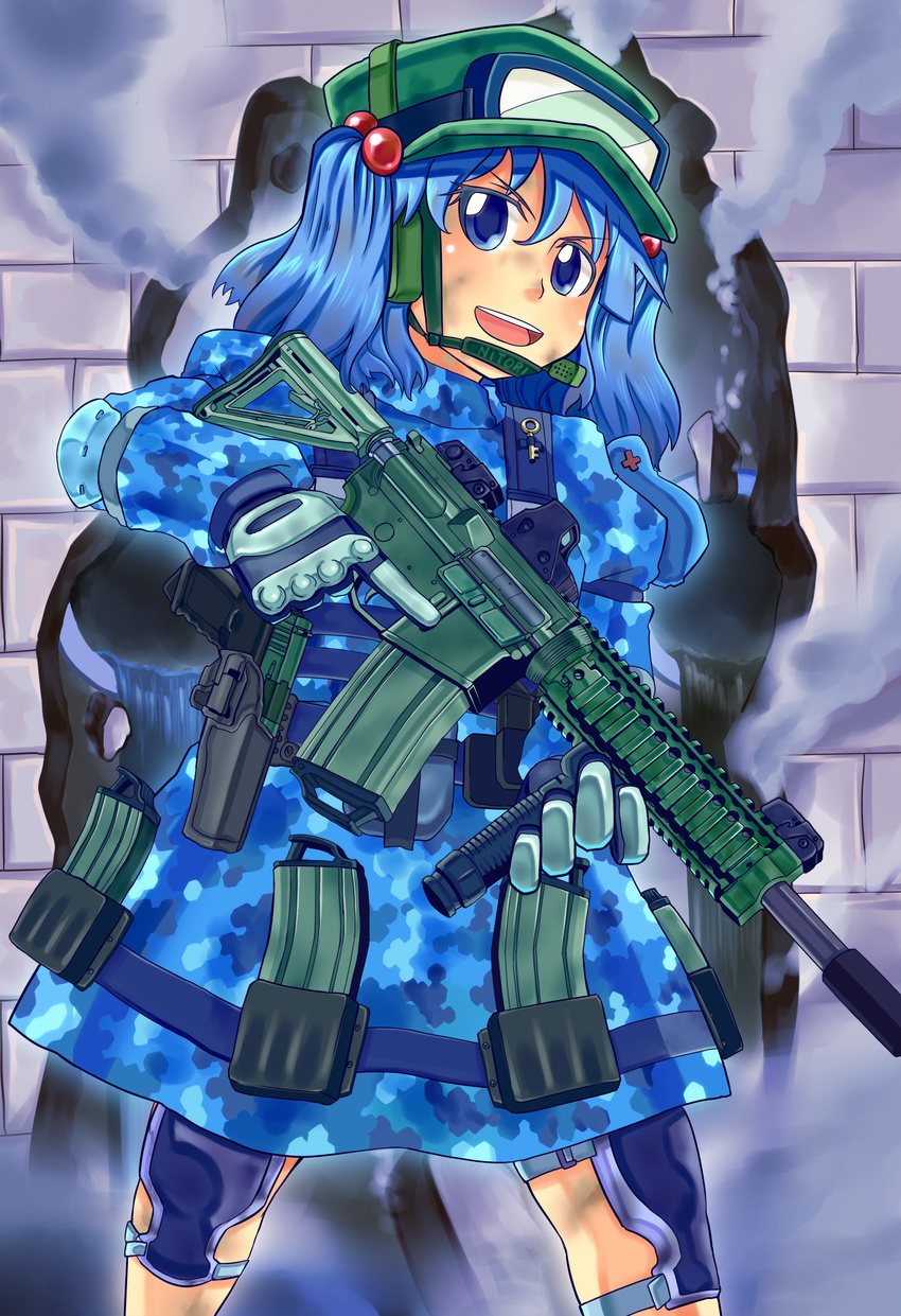 absurdres assault_rifle camouflage gloves gun hair_bobbles hair_ornament highres holster kawashiro_nitori m4_carbine rifle seiryouinryousui solo touhou trigger_discipline two_side_up vertical_foregrip weapon