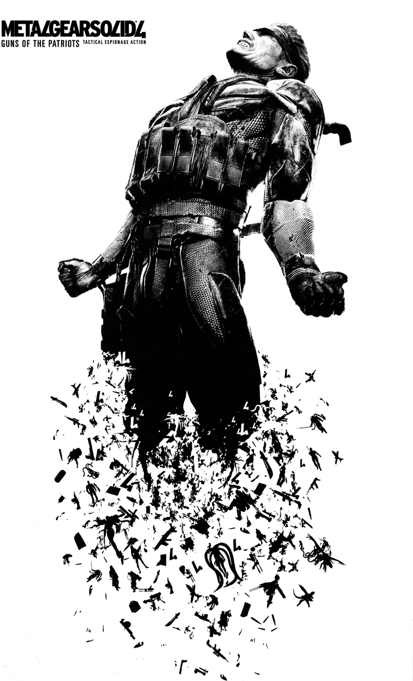 absurdres artist_request dissolving greyscale highres male_focus metal_gear_(series) metal_gear_solid metal_gear_solid_4 monochrome old_snake solid_snake solo vulcan_raven