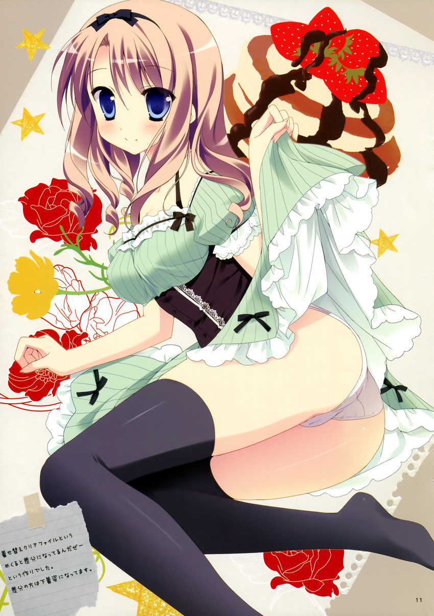 absurdres ass black_legwear blue_eyes blush brown_hair chocolate commentary copyright_request dress dress_lift food from_above fruit highres legs long_hair looking_at_viewer looking_up lying on_side pancake panties sesena_yau strawberry syrup tareme thighhighs translation_request underwear white_panties