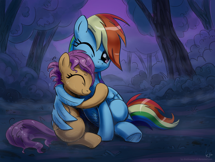 bush cub duo equine feathers female feral forest friendship_is_magic hair horse hug karol_pawlinski mammal messy_hair multi-colored_hair my_little_pony pegasus pony purple_eyes purple_hair rainbow_dash_(mlp) rainbow_hair scootaloo_(mlp) sitting tree wet wings young