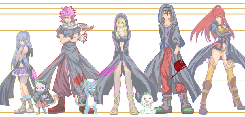 2boys 3girls animal black_hair blonde_hair cat charle charle_(fairy_tail) erza_scarlet fairy_tail gray_fullbuster happy_(fairy_tail) highres long_hair long_image lucy_heartfilia multiple_boys multiple_girls natsu_dragneel pink_hair plue red_hair short_hair spiked_hair spiky_hair wendy_marvell wide_image