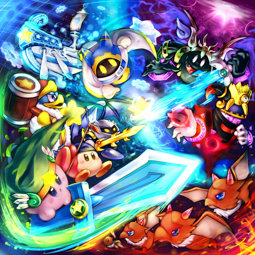 alternate_form bandanna blue_eyes brown_eyes caramel_(artist) dragon hammer highres kirby kirby's_return_to_dream_land kirby's_return_to_dream_land kirby_(series) landia mahoroa mahoroa_ex mahoroa_soul mask meta_knight nintendo polearm red_eyes spear spoilers star sword waddle_dee weapon wings yellow_eyes