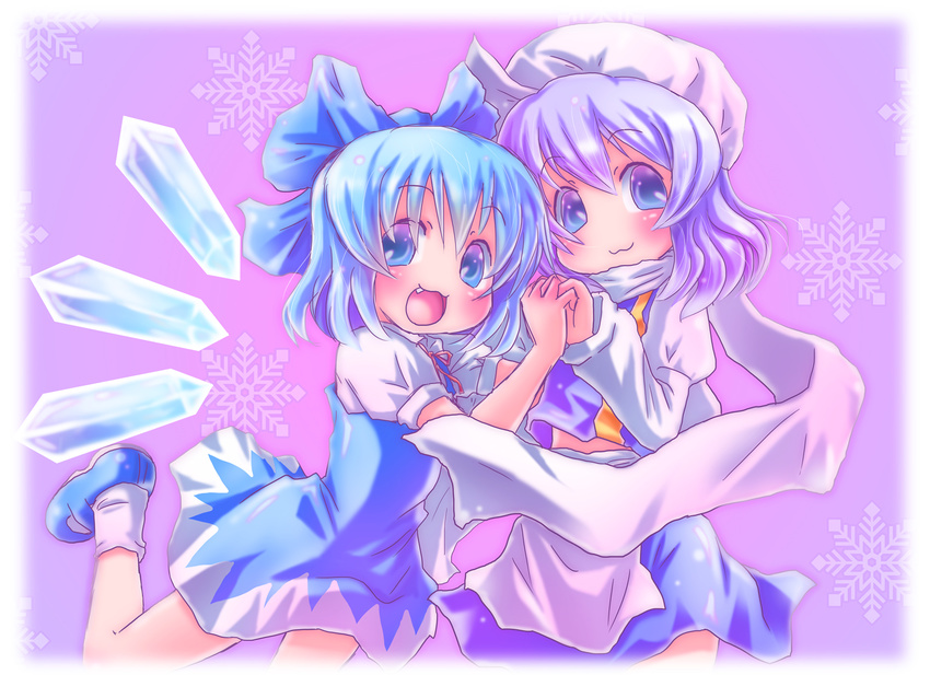 :3 :d blue_eyes blue_hair blush cirno dress fang hat highres holding_hands ice ice_wings letty_whiterock looking_at_viewer multiple_girls open_mouth renaoka short_hair skirt smile snowflakes touhou wings