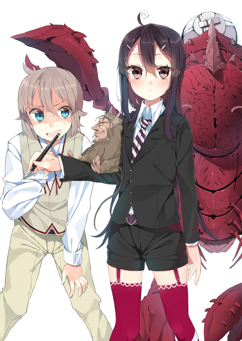 2boys absurdres ahoge black_hair blue_eyes brown_eyes brown_hair brown_jenkin canna_serio cover cover_page creature cthulhu_mythos cylinder genderswap h_p_lovecraft hair_ornament hairclip highres koba laban_shrewsbery lovecraft_(mikan_shoujo_lovecraft) mi-go mikan_shoujo_lovecraft multiple_boys necktie rat short_shorts shorts suits thighhighs