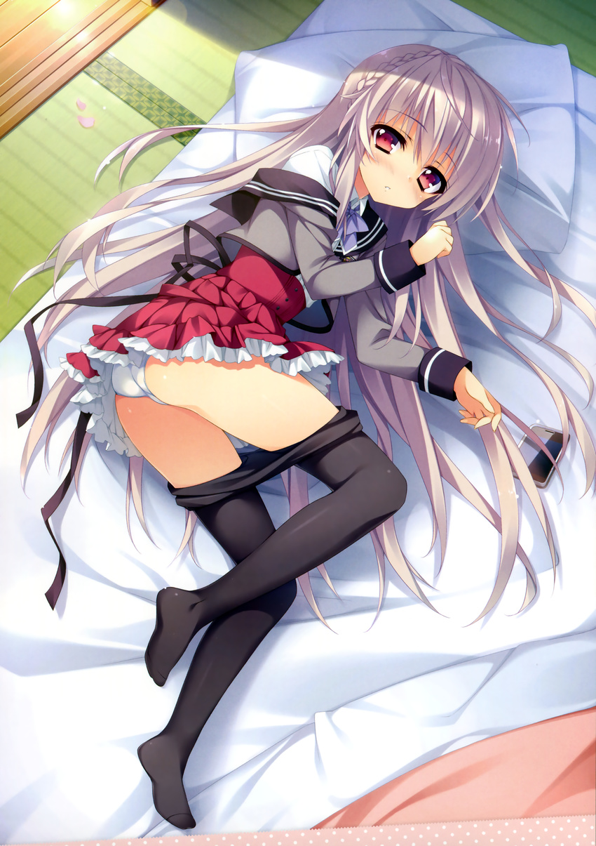 absurdres anapom black_legwear cellphone cherry_blossoms floor futon highres kitazono_saya lavender_hair legs lying panties pantyhose pantyhose_pull phone pillow purple_eyes school_uniform shukufuku_no_kane_no_oto_wa_sakura-iro_no_kaze_to_tomo_ni solo tatami underwear white_panties