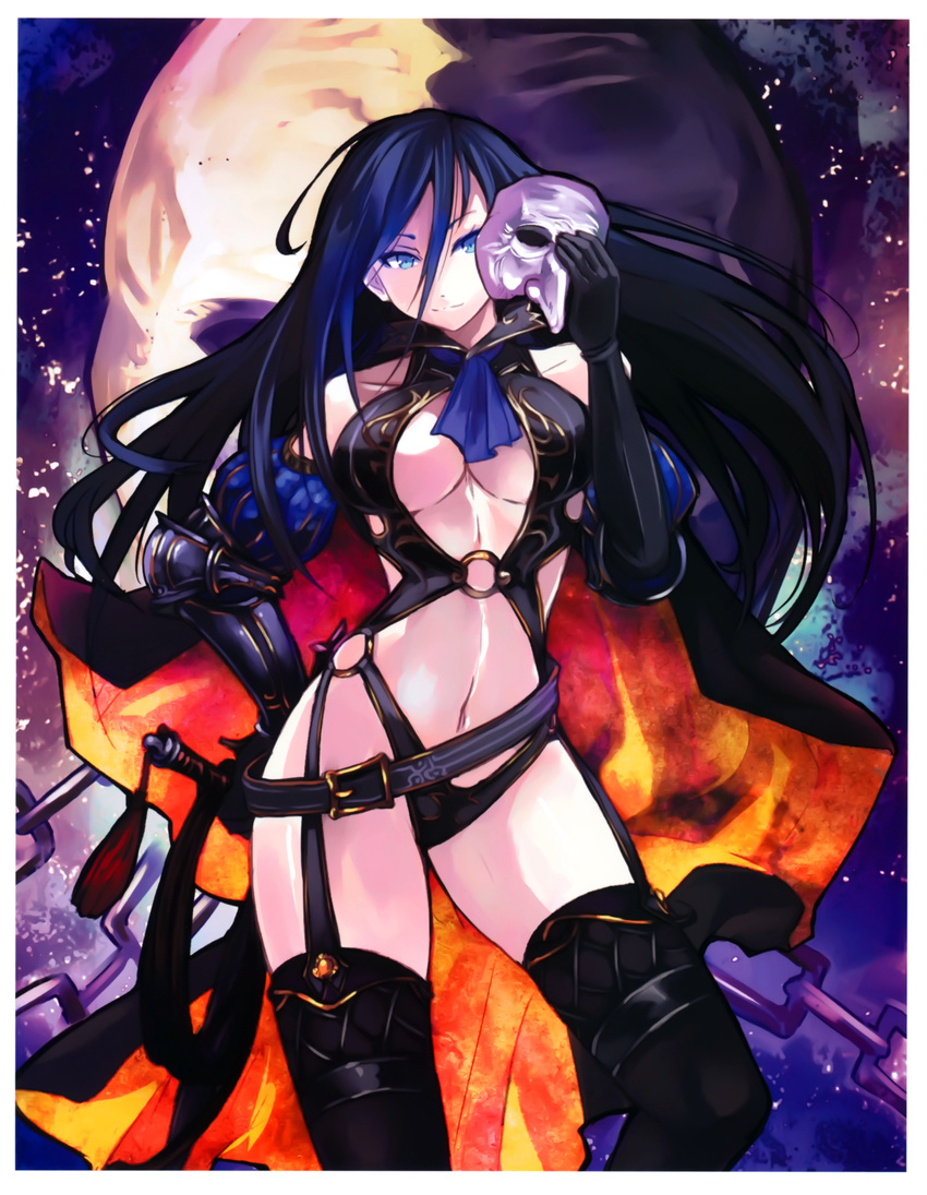 absurdres bare_shoulders black_legwear blue_eyes blue_hair breasts cape cleavage detached_wings hand_on_hip highres huge_filesize large_breasts long_hair mask million_arthur_(series) navel o-ring scan shibano_kaito smirk solo thighhighs whip wings