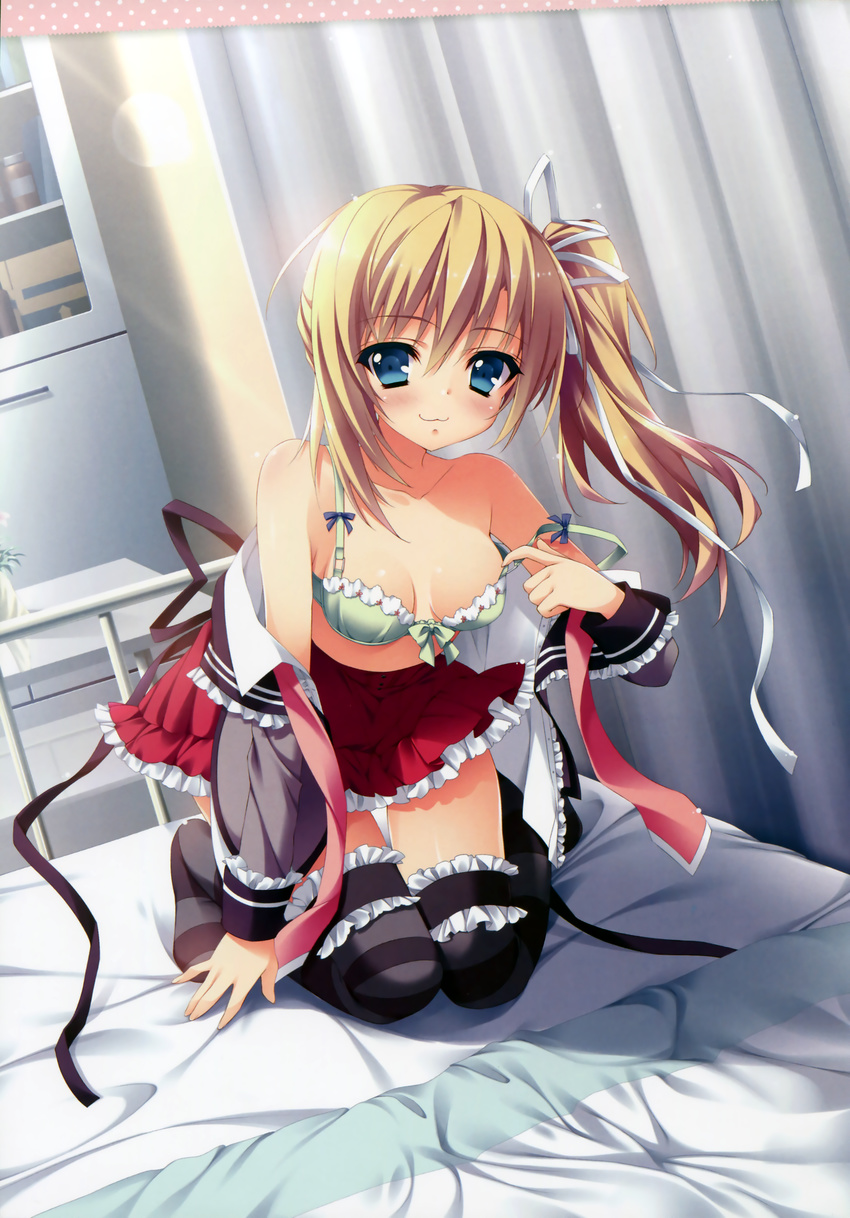 :3 absurdres anapom bed blonde_hair blue_eyes bow bow_bra bra breasts cabinet cleavage curtains dress frilled_dress frilled_legwear frills garters green_bra hair_ribbon highres kneehighs medium_breasts ribbon school_uniform shinonome_urara shukufuku_no_kane_no_oto_wa_sakura-iro_no_kaze_to_tomo_ni side_ponytail solo strap_slip striped striped_legwear table teasing thighhighs underwear