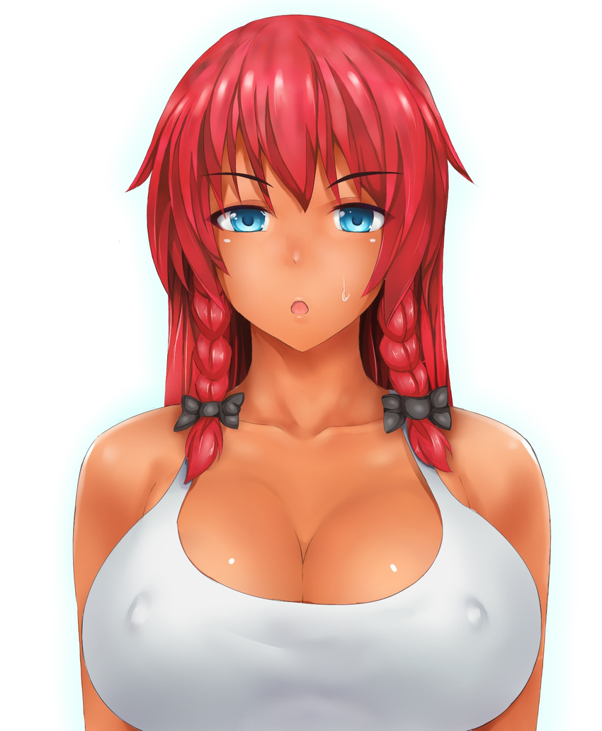 :o bare_shoulders blue_eyes blush bow braid breasts brown_hair cleavage collarbone covered_nipples dark_skin hair_bow highres hong_meiling ishikei_(style) large_breasts long_hair nikonikosiro no_bra simple_background solo sweatdrop tan tank_top touhou twin_braids upper_body white_background