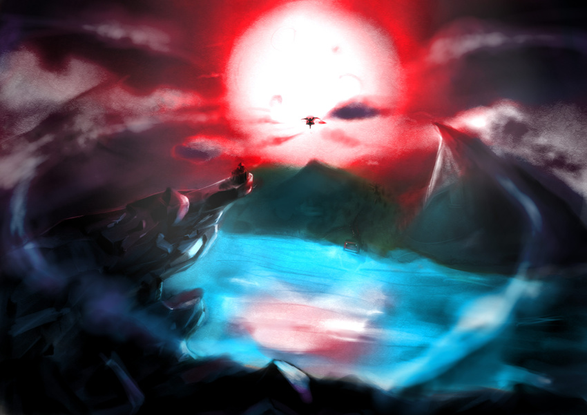 absurdres bat_wings full_moon highres hundun_shabao lake misty_lake moon mountain polearm remilia_scarlet scarlet_devil_mansion scenery silhouette solo spear_the_gungnir touhou water weapon wings