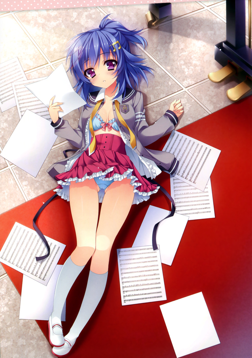 absurdres anapom beamed_eighth_notes blue_bra blue_hair blue_panties bow bow_bra bra breasts cleavage floor hair_ornament hairpin highres holding instrument legs medium_breasts musical_note musical_note_hair_ornament nishikujou_kanon open_clothes open_shirt panties pedal piano purple_eyes quarter_note red_carpet school_uniform sharp_sign sheet_music shirt shukufuku_no_kane_no_oto_wa_sakura-iro_no_kaze_to_tomo_ni socks solo treble_clef underwear white_legwear whole_rest