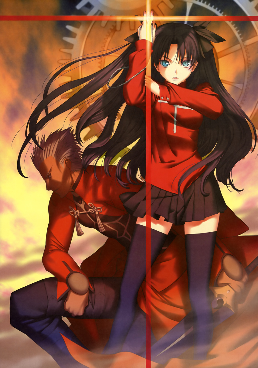 1girl absurdres archer artist_request black_legwear blue_eyes cross dark_skin fate/stay_night fate_(series) gears grey_eyes hair_ribbon highres jewelry long_hair parted_lips pendant pleated_skirt ribbon short_hair skirt thighhighs toosaka_rin two_side_up unlimited_blade_works white_hair zettai_ryouiki