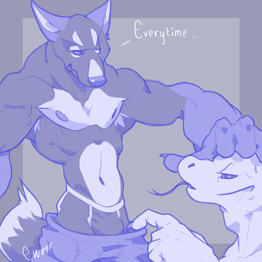 anthro armpit_hair armpits biceps bulge canine claws clothed clothing dog duo e-w01f fur gay half-dressed male mammal monochrome muscles nipples pecs pose reptile scalie snake text topless underwear undressing vein veins