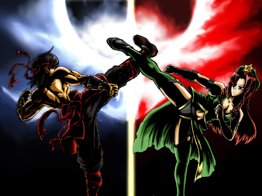 1girl armband armor back bad_id bad_pixiv_id bandages battle black_hair blue_eyes boots bow braid breasts clash cleavage crossover duel hat headband highres hong_meiling kicking liu_kang long_hair medium_breasts monk mortal_kombat muscle red_eyes red_hair star takahashi_umori touhou twin_braids vambraces