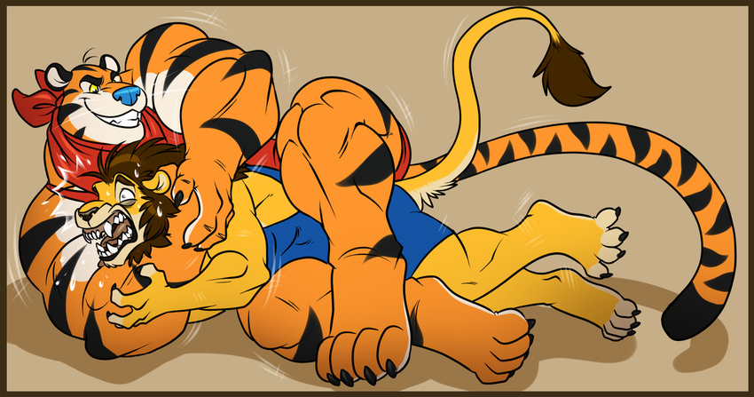 anthro bandanna biceps big_muscles blue_nose body_markings choking clothing duo feline fur kellogg's lion male mammal markings mascot muscles neodokuro neozcommish open_mouth orange_fur pecs sharp_teeth shorts smile teeth tiger tony_the_tiger wrestling wrestling_singlet