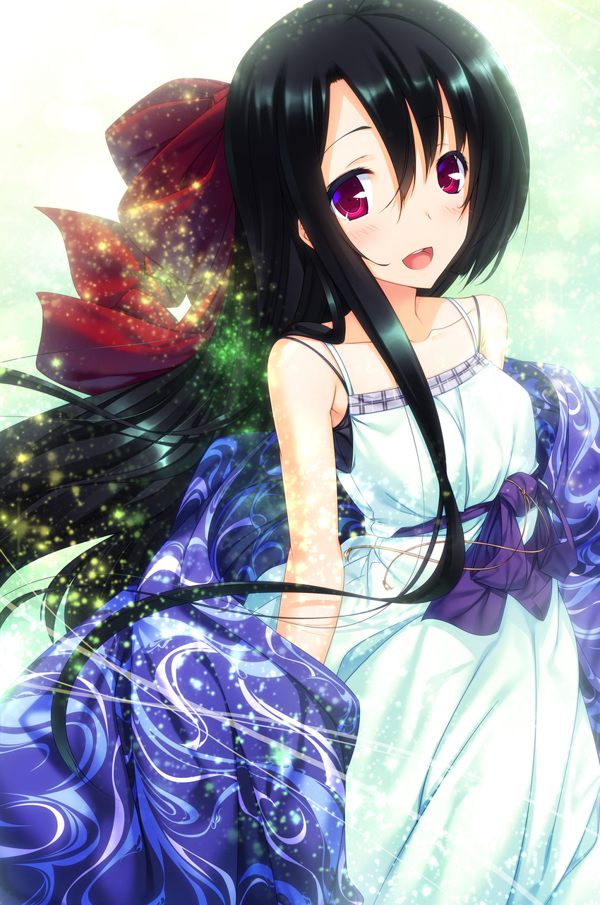 :d ayatudura bad_id bad_pixiv_id black_hair blush dress highres light_particles long_hair looking_at_viewer open_mouth original red_eyes smile solo