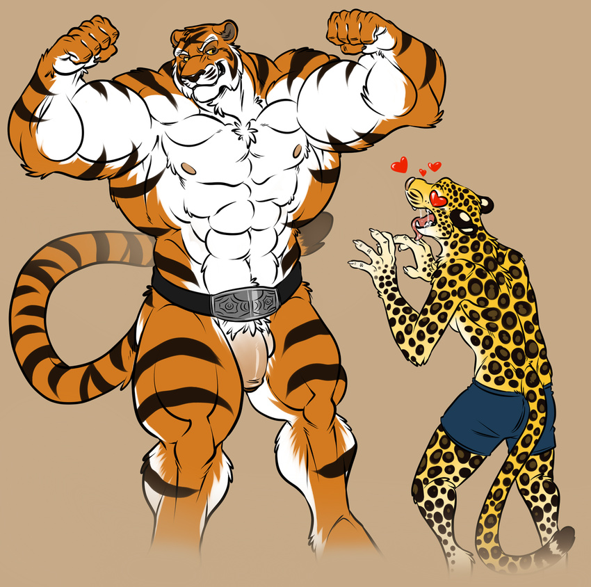abs anthro balls biceps big_muscles big_penis boxers clothing duo feline flaccid flexing fur gay leopard male mammal mike_the_tiger muscles neodokuro neozcommish nipples nude orange_fur pecs penis pose presenting shorts showing_off size_difference standing thick_penis tiger toned uncut underwear white_fur