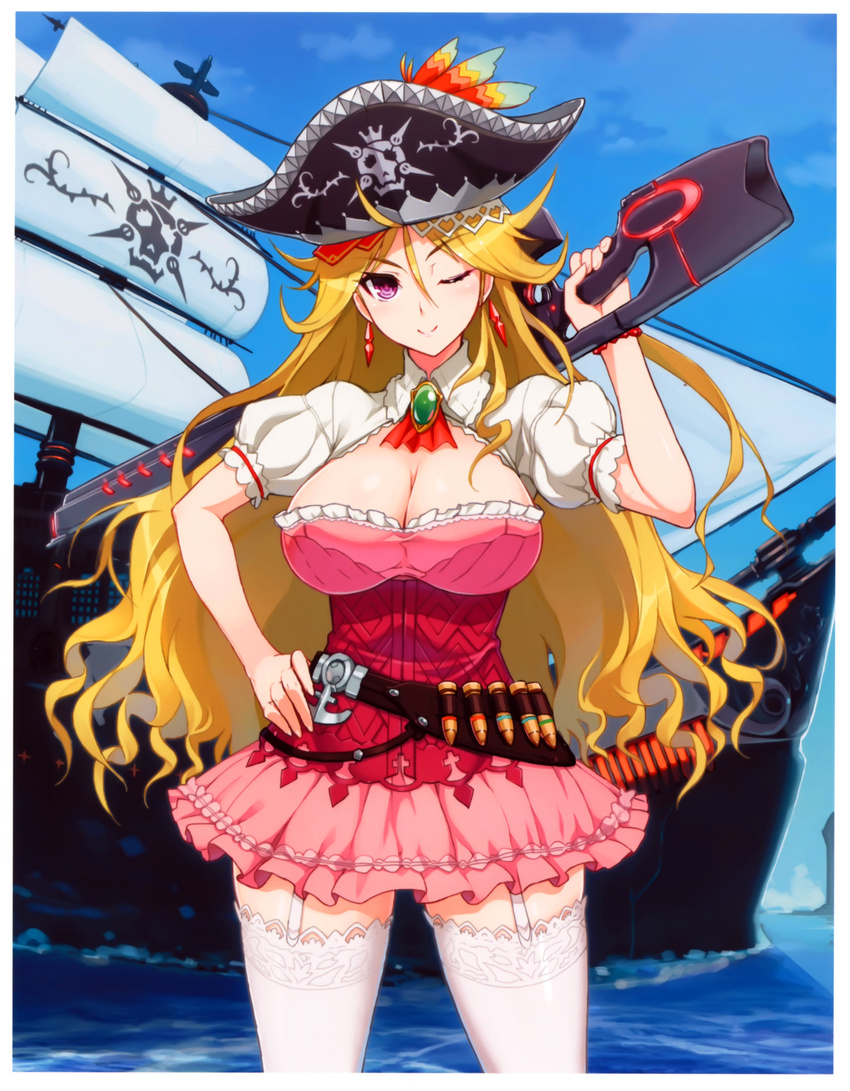 ;) absurdres blonde_hair breasts brooch bullet cleavage closed_mouth earrings fingernails garter_straps gun hand_on_hip hat highres huge_filesize jewelry large_breasts long_fingernails long_hair nitroplus one_eye_closed ookuma_(nitroplus) pirate pirate_hat pirate_ship purple_eyes rifle scan sky smile solo thighhighs weapon white_legwear