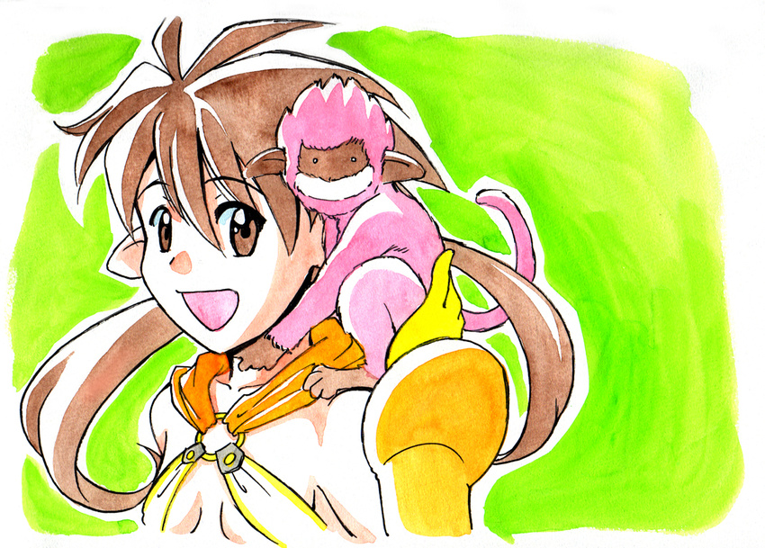 :d animal bad_id bad_pixiv_id brown_eyes brown_hair caracol green_background looking_at_viewer monkey nowa on_shoulder open_mouth pointy_ears queen's_blade ruu_(queen's_blade) simple_background smile spiked_hair twintails