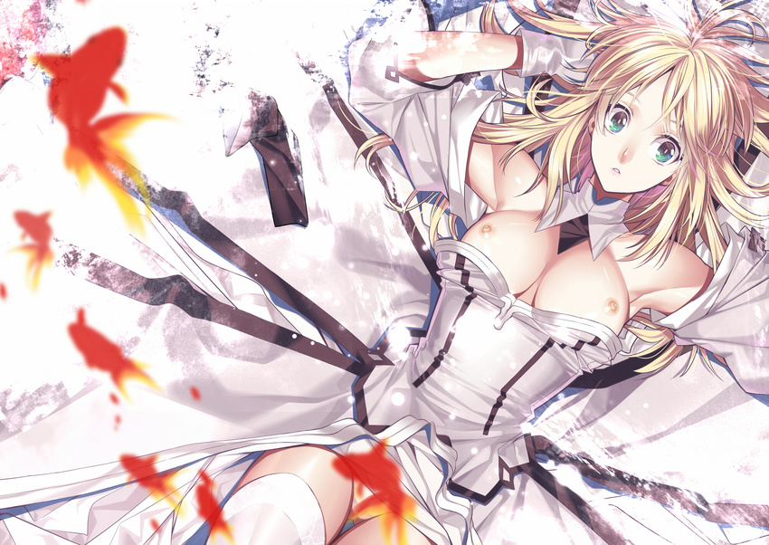 armpits artoria_pendragon_(all) blonde_hair breasts detached_sleeves dress fate/stay_night fate/unlimited_codes fate/zero fate_(series) fish goldfish green_eyes highres hullabaloo long_hair looking_at_viewer lying medium_breasts nipples on_back panties saber saber_lily solo thighhighs underwear white_legwear white_panties