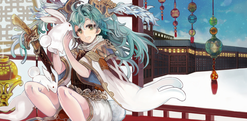 aqua_hair architecture bunny bunny_tail east_asian_architecture green_eyes long_hair looking_at_viewer open_mouth original sasurai_susuki sitting solo sword tail weapon