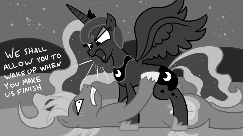 big_macintosh_(mlp) cowgirl_position cutie_mark duo english_text equine female feral freckles friendship_is_magic greyscale horn horse jakejoke lying male mammal monochrome my_little_pony night on_back on_top penetration penis pony princess_luna_(mlp) sex straddling straight text vaginal vaginal_penetration winged_unicorn wings