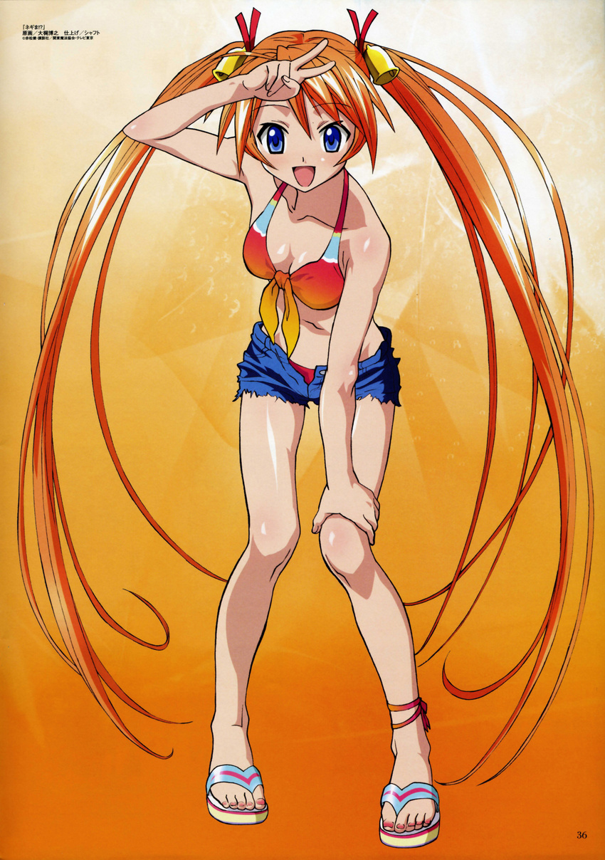 1girl :d absurdres arm_up bare_shoulders bell bikini blue_eyes breasts cleavage collarbone denim denim_shorts feet female front-tie_top full_body hair_ornament highres kagurazaka_asuna leaning_forward leg_grab legs long_hair mahou_sensei_negima! megami nail_polish official_art ohkaji_hiroyuki ookaji_hiroyuki open_fly open_mouth orange_hair pose sandals scan short_shorts shorts skinny small_breasts smile solo standing swimsuit swimsuit_under_clothes toes torn_clothes twintails unzipped v very_long_hair