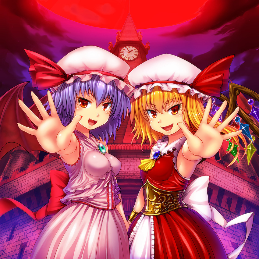 adapted_costume ascot blonde_hair blue_hair breasts brooch clock clock_tower dress fang flandre_scarlet full_moon hat hat_ribbon highres iyamato jewelry medium_breasts moon multiple_girls night open_mouth outstretched_hand red_eyes red_moon remilia_scarlet ribbon scarlet_devil_mansion short_hair siblings side_ponytail sisters skirt skirt_set sleeveless smile touhou tower wings