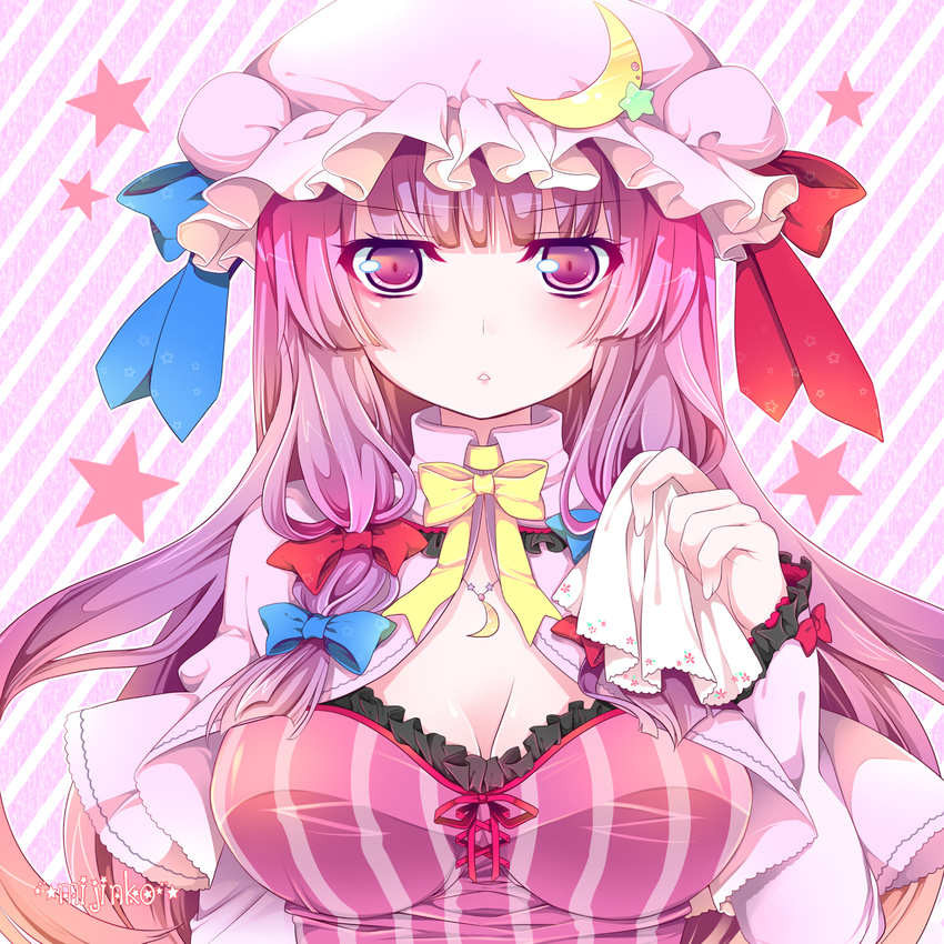 artist_name bad_id bad_pixiv_id bow breasts capelet cleavage crescent hair_bow handkerchief hat highres jewelry large_breasts long_hair looking_at_viewer necklace patchouli_knowledge purple_eyes shino_(mijinko) sidelocks solo star striped striped_background touhou upper_body