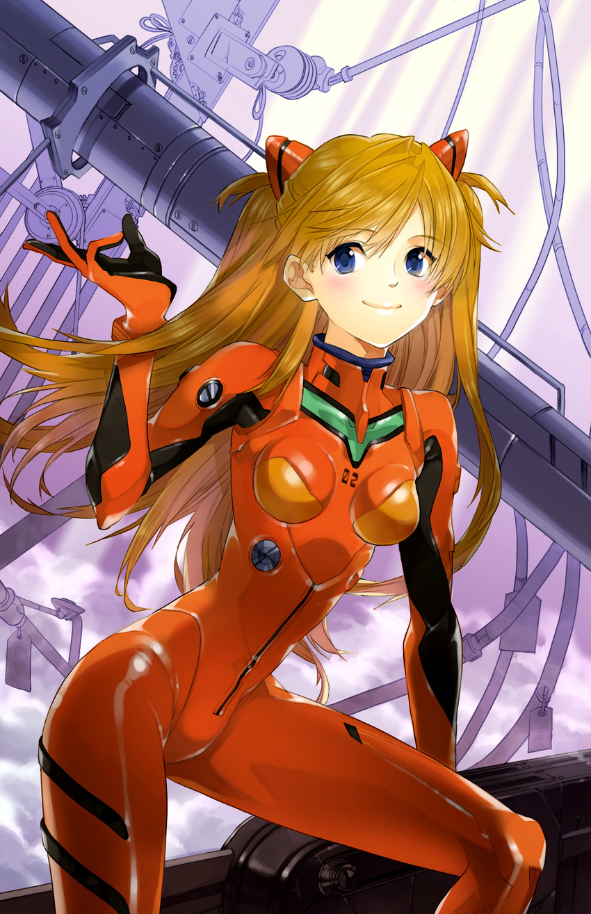 absurdres bangs blue_eyes blush bodysuit bracer breasts cable closed_mouth cloud colored_eyelashes cowboy_shot day eyebrows_visible_through_hair floating_hair from_side gloves hand_up headgear highres kimijima_(kimijima0301) leaning_forward legs_apart light_rays light_smile long_hair looking_at_viewer neon_genesis_evangelion number orange_hair outdoors parted_bangs pilot_suit plugsuit red_bodysuit shiny shiny_clothes skin_tight skinny sky slender_waist small_breasts smile solo souryuu_asuka_langley standing sunbeam sunlight tag turtleneck two_side_up very_long_hair
