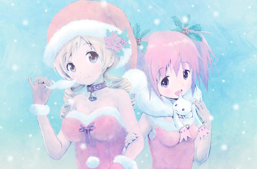 :d bad_id bad_pixiv_id bare_shoulders bell bell_collar blonde_hair blush collar commentary day drill_hair fake_facial_hair fake_mustache green_eyes hair_ornament hat holding holding_arm kaname_madoka kyubey looking_at_viewer mahou_shoujo_madoka_magica multiple_girls open_mouth pink_hair santa_hat smile snowing tomoe_mami twin_drills twintails yoshinogai
