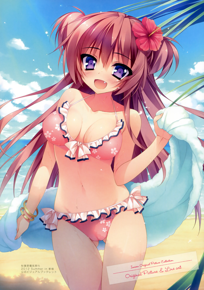 :d absurdres anapom beach bikini bird bracelet breasts cameltoe cleavage cloud cowboy_shot day fang flower frilled_bikini frills hair_flower hair_ornament hibiscus highres jewelry large_breasts navel ocean ootori_maria open_mouth outdoors pink_hair purple_eyes sand scan seagull shukufuku_no_kane_no_oto_wa_sakura-iro_no_kaze_to_tomo_ni sky smile solo swimsuit thigh_gap towel two_side_up